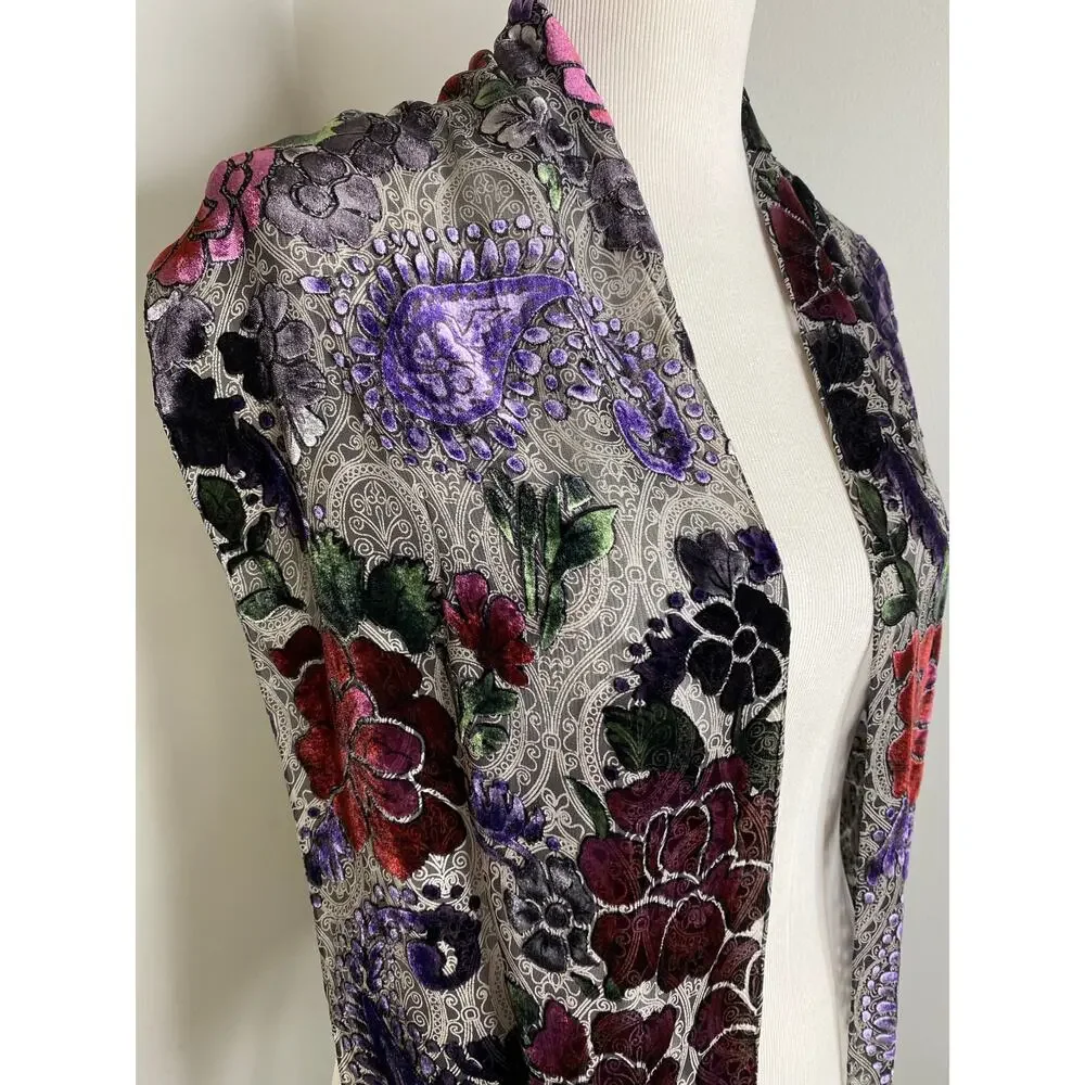 Floral Paisley Burnout Velvet Scarf Fringe Burgundy Purple Black 62”